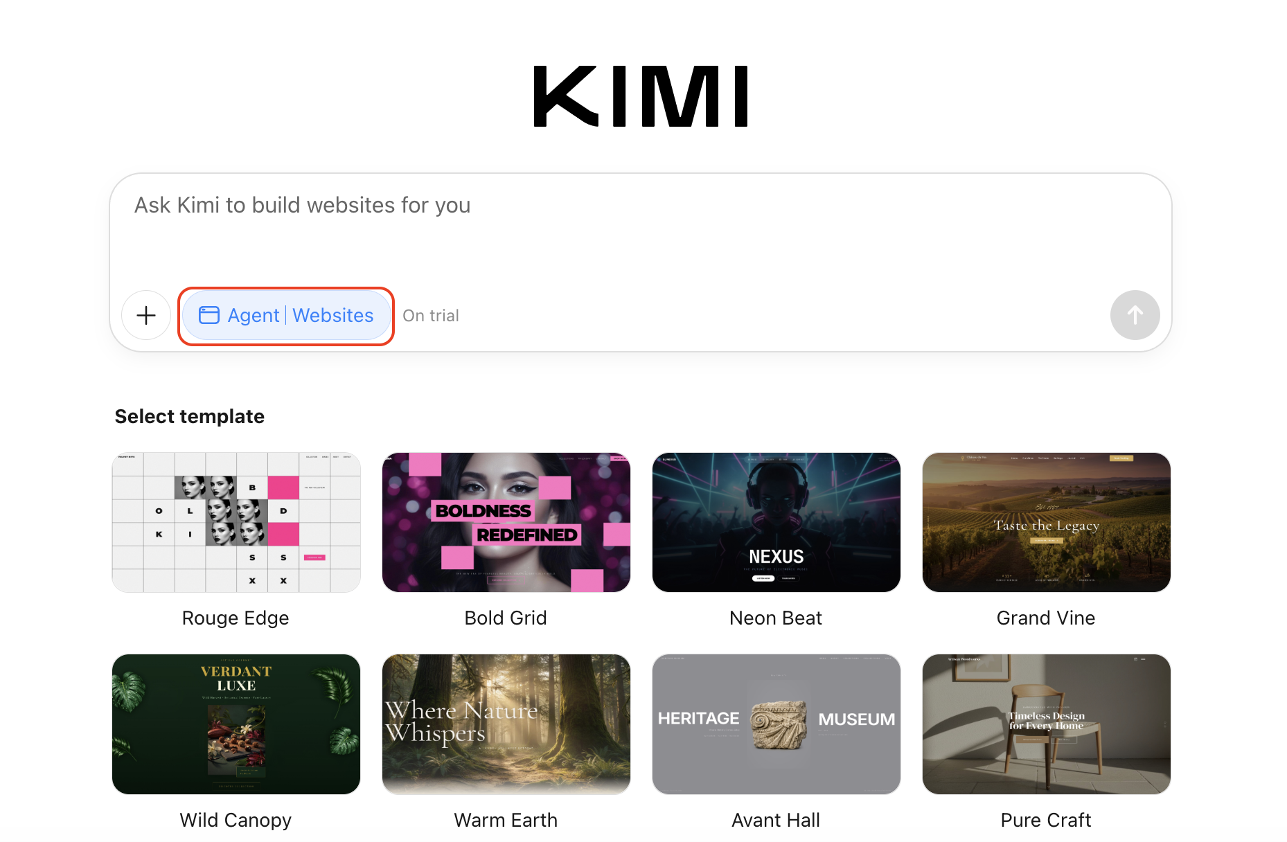Página inicial do Kimi Websites