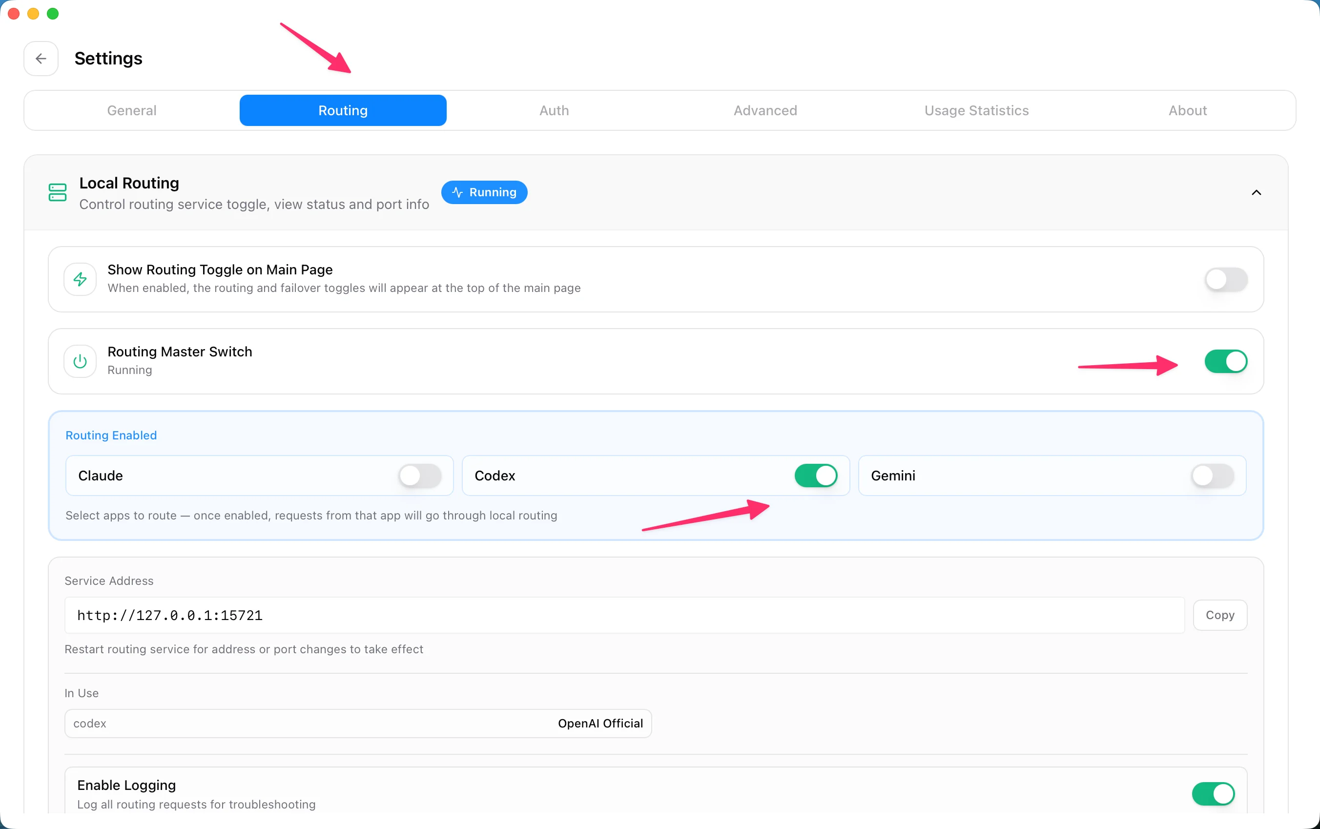 Turn on the Routing Master Switch and Codex routing