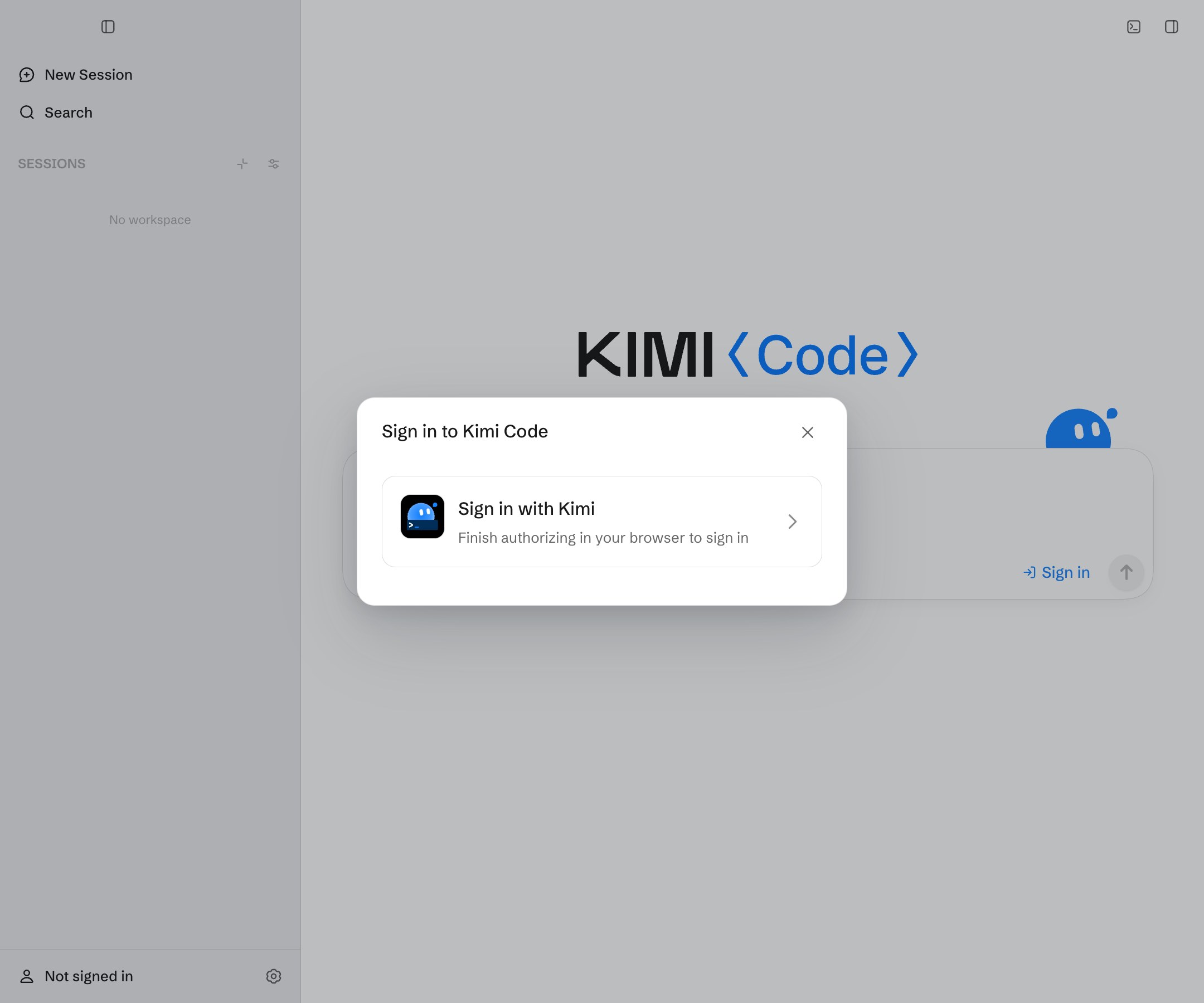 Kimi Code sign-in dialog