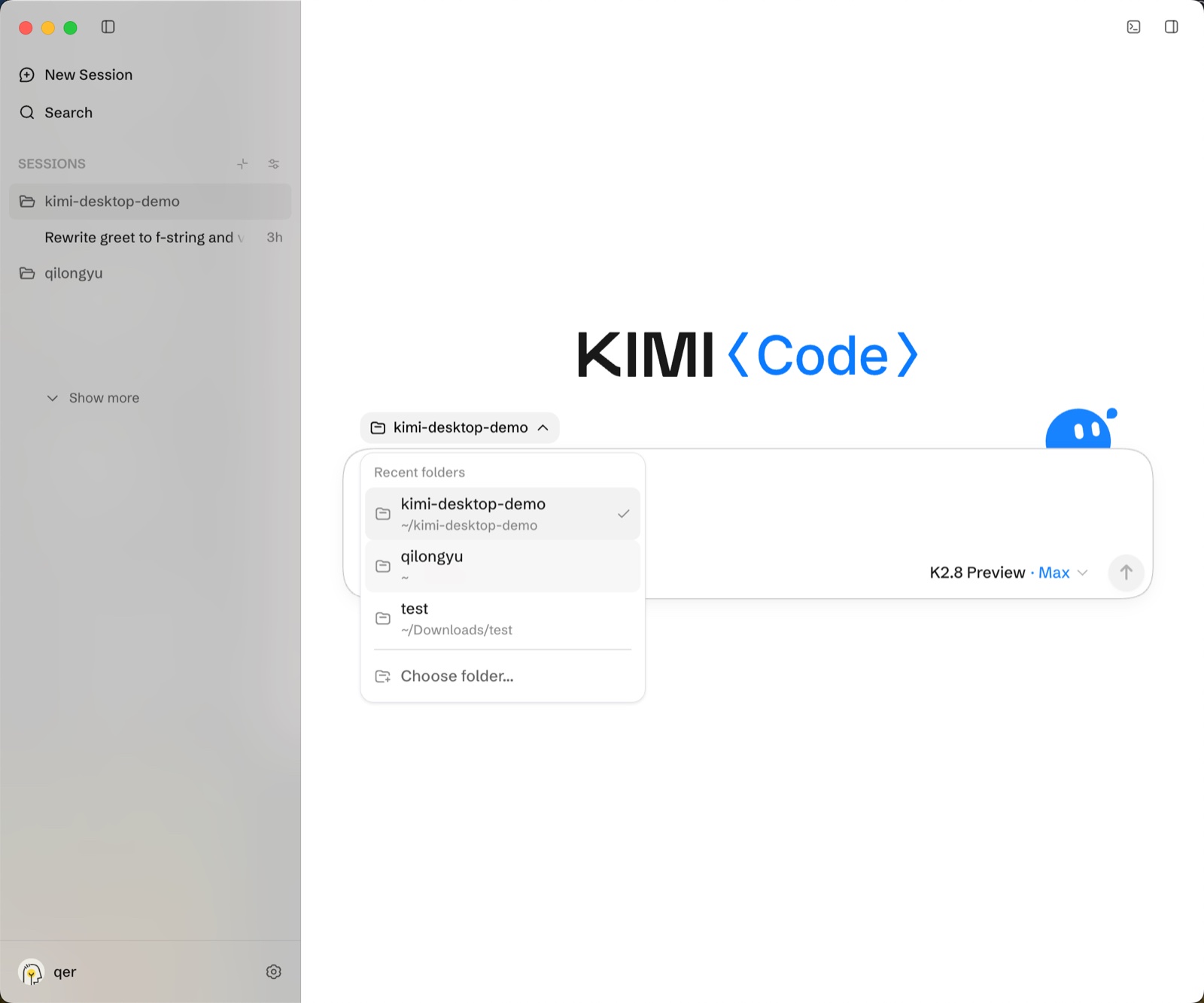 Open the workspace picker above the Composer after creating a session