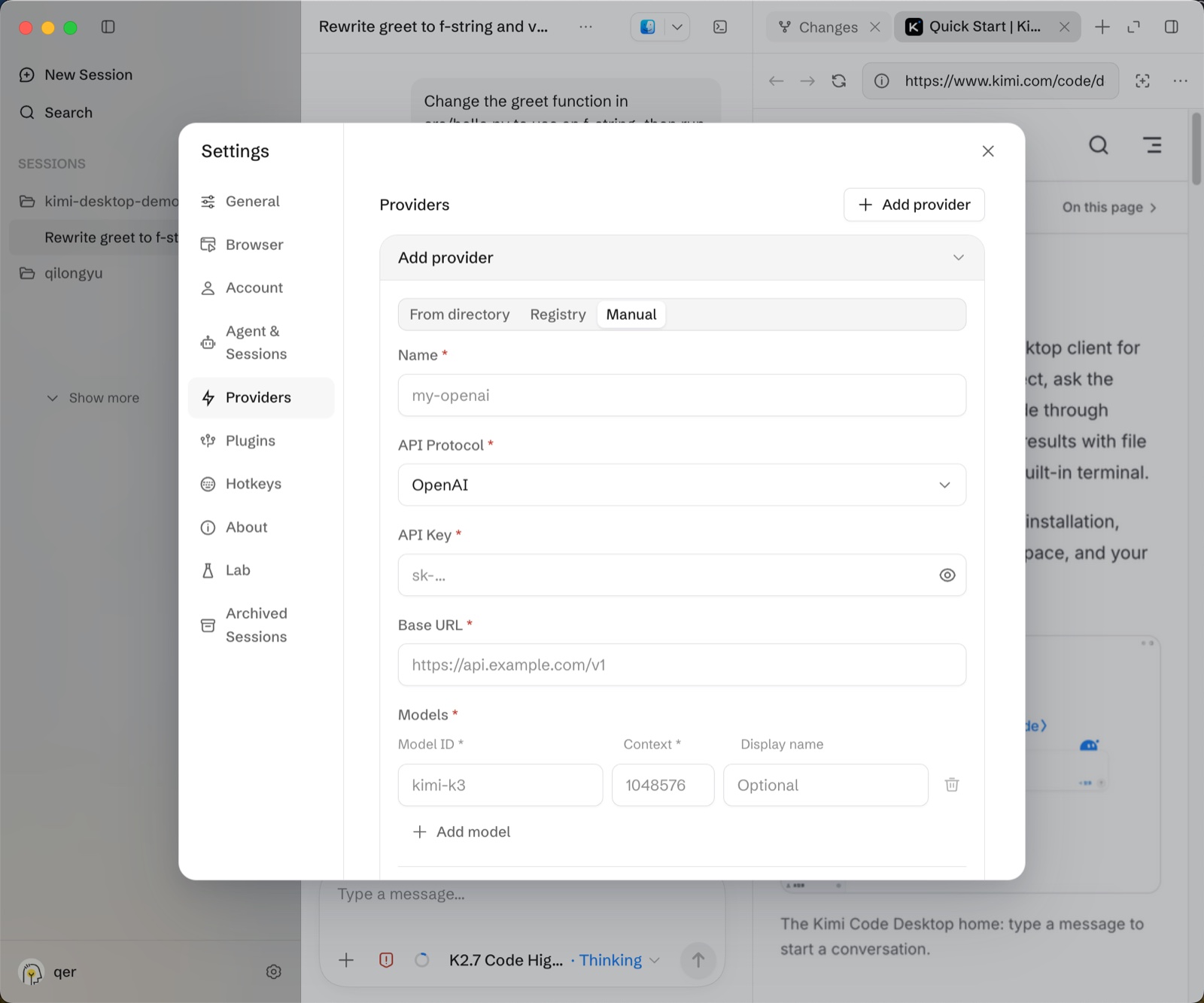 Manually add a model provider in Settings