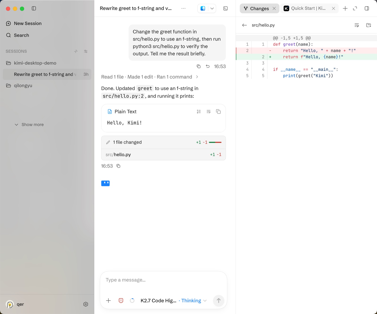 Inspect the diff of a single file in the right Changes panel