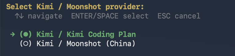 在二级菜单选择 Kimi / Kimi Coding Plan